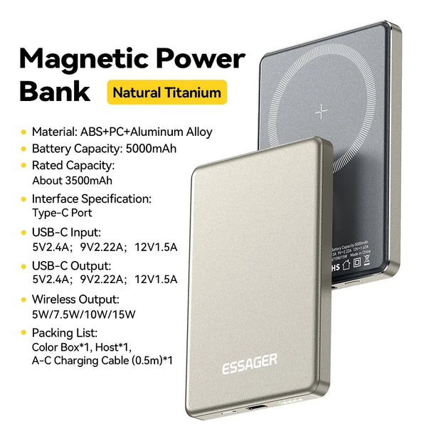 Essager Thin Wireless Power Bank Magnetic 20W 5000mAh Portable Fast Charging External Battery for Magsafe For iPhone 16 15 14 13