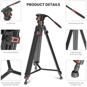 EVUMO DF6 Professional Video Tripod Stand 74'' Metal Heavy Duty Panorama Head 3Section Load 22lb/10kg for DSLR Camera Camcorder