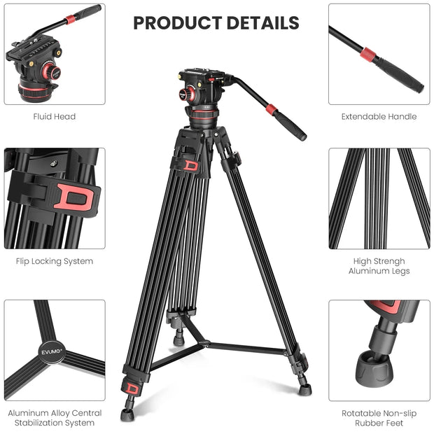 EVUMO DF6 Professional Video Tripod Stand 74'' Metal Heavy Duty Panorama Head 3Section Load 22lb/10kg for DSLR Camera Camcorder