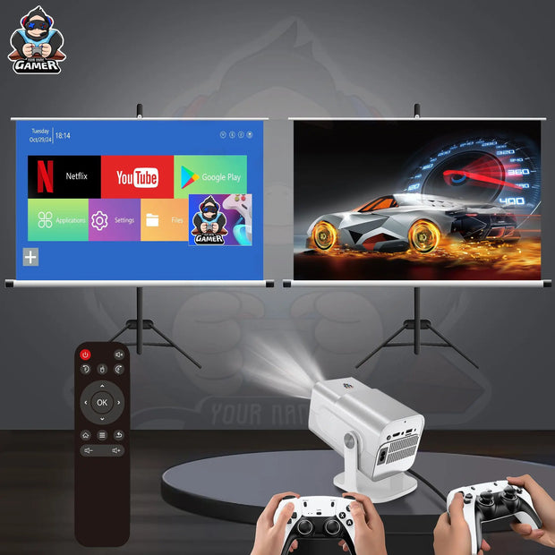 HCS350Max Game Console Projector Upgraded White Home Theater with Voice Control Portable Beamer 720P Native with Simulator Games