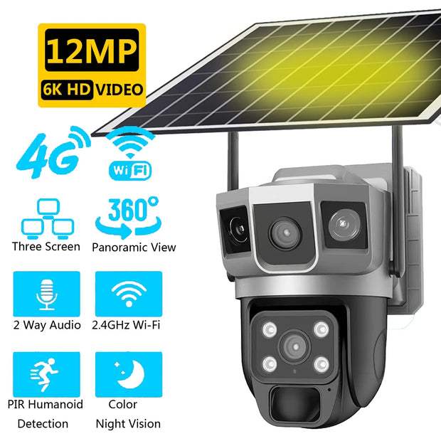 6K 12MP Solar Camera 4G SIM Card WiFi Smart Home Security Protection Outdoor IP Wireless Waterproof Video Surveillance Cameras