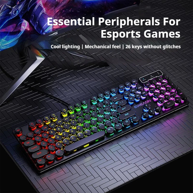 EWEADN GX330 Typewriter Gaming Keyboard, 104 Keys Wired Retro Punk Round Keycaps, with RGB Backlit, for Windows Laptop PC black