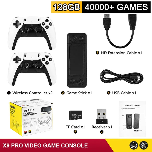 NEW 128G X9 PRO TV Video Game Console Retro Game Stick 45+ Emulator For PS1/PSP/NDS/N64 40000+ Family Games w 2.4G Dual Controll