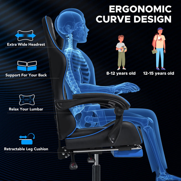 Massage Gaming Chair for Kids Computer Gamer Chair with Footrest and Lumbar Support Reclining PC Office Chair with Headrest