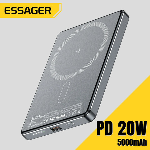 Essager Thin Wireless Power Bank Magnetic 20W 5000mAh Portable Fast Charging External Battery for Magsafe For iPhone 16 15 14 13