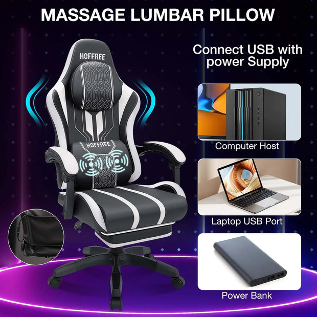 Gaming Chair Office Chair Ergonomic Bluetooth Speaker LED Lights Massage  Adjustable Height Armrests Headrest Lumbar Support