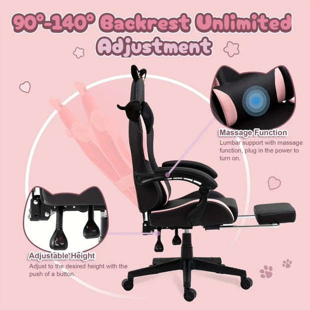 Cute Gaming Chair With Cat Ears And Massage Lumbar Support, Ergonomic Computer Chair With Footrest And Headrest