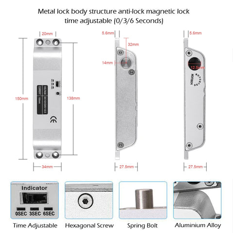 5YOA Electric Mortise Locks Drop Bolt Lock DC12V Smart Electronic with Adjustable Time Delay Fail Safe Mode for Access Control