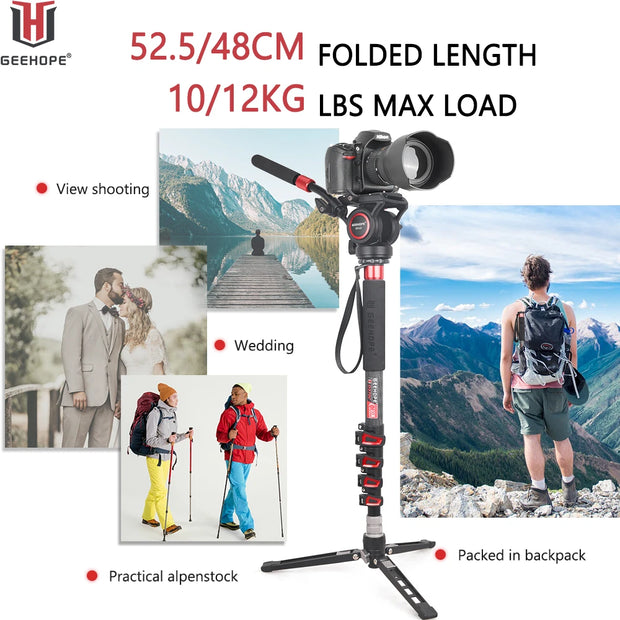 D260C/370C Professional Camera Monopod Carbon Fiber Portable Video Stand for Digital DSLR Camera Video Camcorder Load 10/12kg