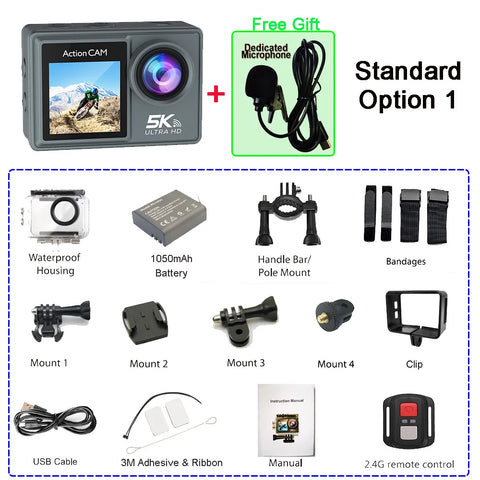 5K 4K60FPS Action Camera Dual IPS Touch LCD DVR EIS 170° 30M Waterproof 5X Zoom Sport Camera With Wireless Mic&Remote Control