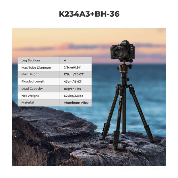 K&F Concept 178cm Lightweight Camera Tripod Cellphone Clip Travel DSLR Tripod for Nikon Canon Camera Outdoor Live Streaming Vlog