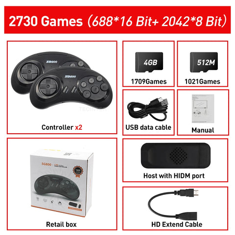 16 Bit MD Retro Video Game Console For Sega Genesis Built-in 1500+ Classic Games Wireless Controller Gamepad HD TV Game Player