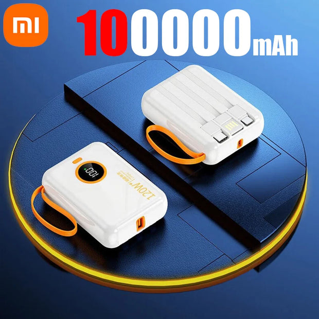 Xiaomi 120W Fast Charging Power Bank 100000mAh Powerbank 3 in 1Built-in Cable External Battery for iPhone Huawei Xiaomi 2024New