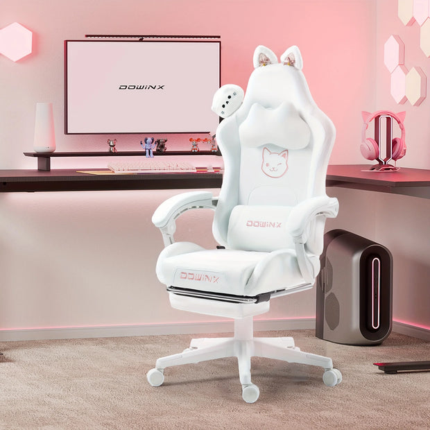 Cute Gaming Chair With Cat Ears And Massage Lumbar Support, Ergonomic Computer Chair With Footrest And Headrest