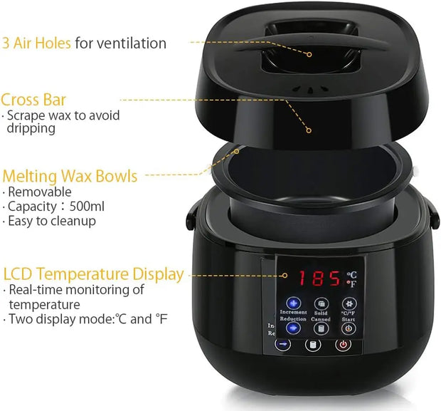 500ml Wax Heater Machine for Hair Removal Wax Melting Warmer Pot with LCD Temperature Display Depilatory Waxing Beans Heater