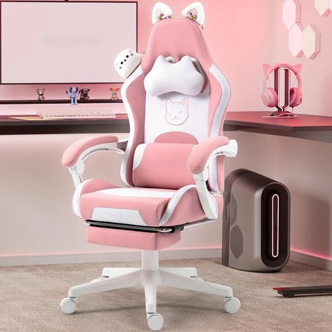 Cute Gaming Chair With Cat Ears And Massage Lumbar Support, Ergonomic Computer Chair With Footrest And Headrest