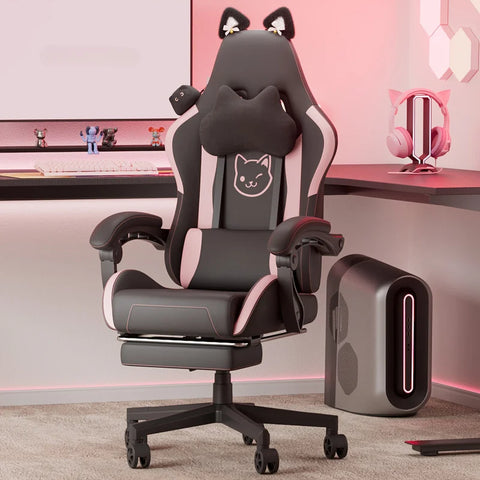 Cute Gaming Chair With Cat Ears And Massage Lumbar Support, Ergonomic Computer Chair With Footrest And Headrest