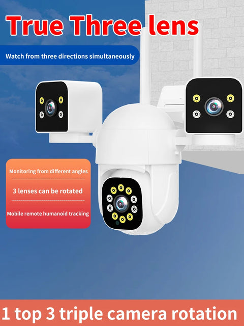 6K 12MP WiFi Surveillance Camera, 3 Lens 3 Screens,10X Digital Zoom, AI Human Detect, 8mp Outdoor Security PTZ IP Cameras