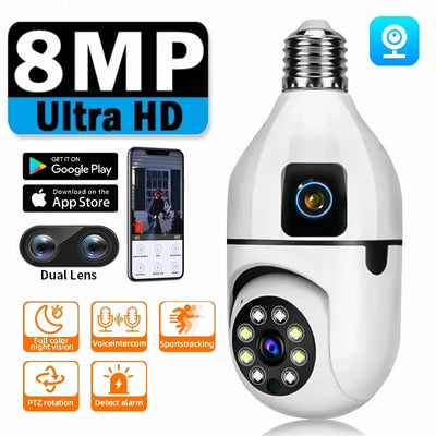 8MP E27 Bulb WIFI Camera 8X Zoom Dual Lens Indoor Surveillance Human Tracking Wireless Two-way Audio Cameras Color Night Vision