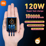 Xiaomi 120W Fast Charging Power Bank 100000mAh Powerbank 3 in 1Built-in Cable External Battery for iPhone Huawei Xiaomi 2024New