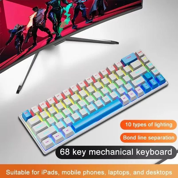 K68 Wired Mechanical Keyboard 10Kinds of Colorful Lighting Gaming and Office For Microsoft Windows and Apple IOS System