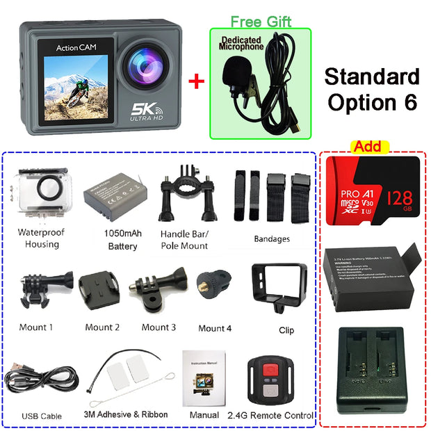 5K 4K60FPS Action Camera Dual IPS Touch LCD DVR EIS 170° 30M Waterproof 5X Zoom Sport Camera With Wireless Mic&Remote Control