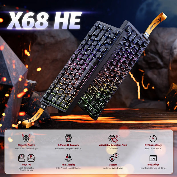 ATTACK SHARK X68 HE Rapid Trigger 8KHz Magnetic Keyboard, 0.01mm RT Accuracy, 60% Layout, RGB, Support RT/Snap Tap/DKS/MT/TGL