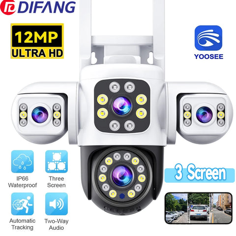 6K WiFi Camera Outdoor Three Lens Three Screen 4X Zoom CCTV Auto Track Security Surveillance Alarm 12MP External IP Cam Yoosee