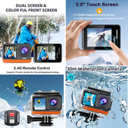 2" Touch IPS Dual Screen Action Camera 4K60FPS 24MP DVR Wi-Fi 170D EIS Optional Filter 1080P Webcam Underwater 30M Sport Cam