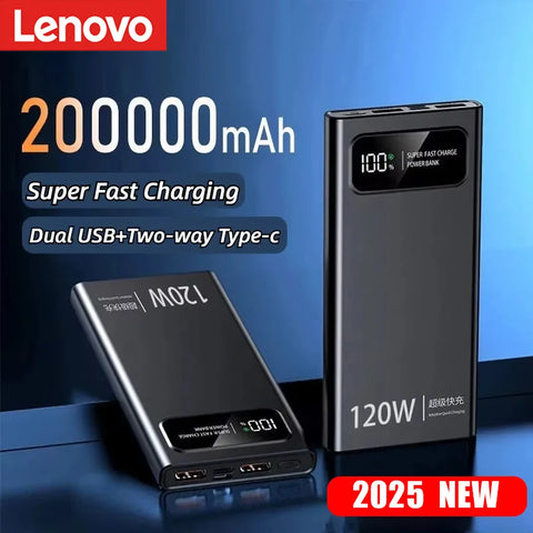 Lenovo 200000mAh High Capacity 120W Power Bank Super Fast Charging Battery Digital Display Power Bank For Iphone Samsung Huawei