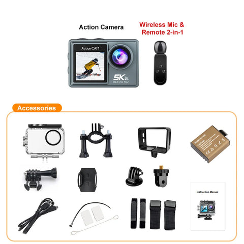 5K Action Camera 4K60FPS Dual IPS Touch LCD WiFi 170° 30M Waterproof 5X Zoom Anti-shake Sports Camera With Remote Control