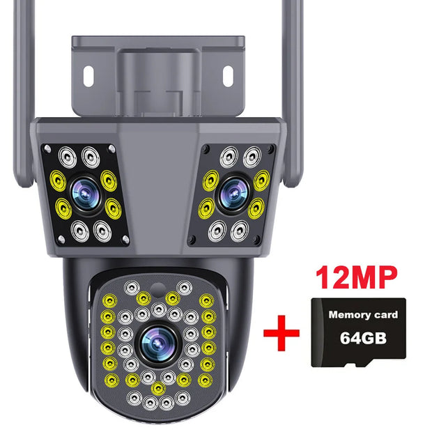 6K 12MP WiFi Surveillance Camera Outdoor Three Lens Three Screen Protection Motion Detection PTZ IP Security Survalance Camera