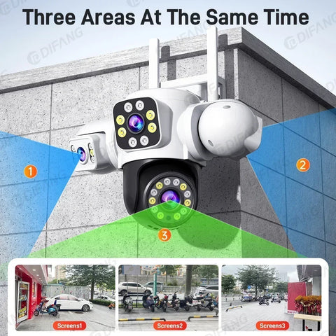 6K WiFi Camera Outdoor Three Lens Three Screen 4X Zoom CCTV Auto Track Security Surveillance Alarm 12MP External IP Cam Yoosee