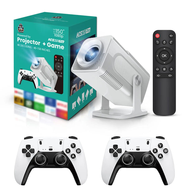 HCS350Max Game Console Projector Upgraded White Home Theater with Voice Control Portable Beamer 720P Native with Simulator Games