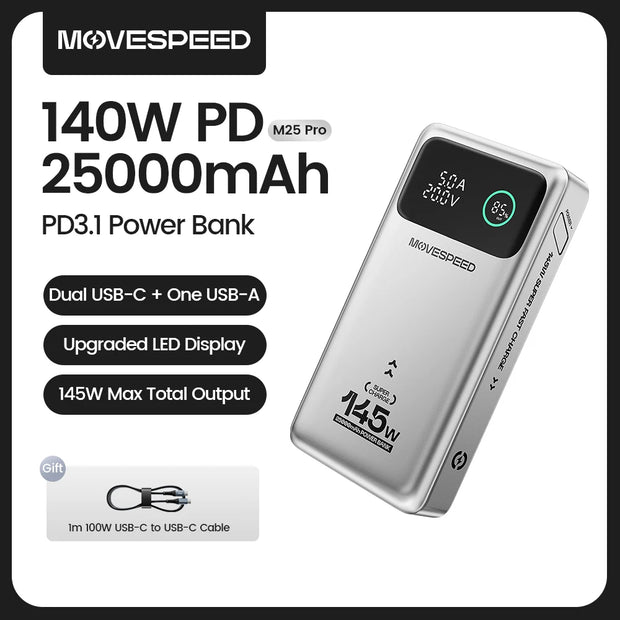 MOVESPEED M25Pro 140W Power Bank 25000mAh Type C Fast Charge Portable External Battery 100W PowerBank for iPhone MacBook Laptop