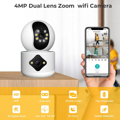 4MP Dual Lens WiFi Camera Dual Screen Baby Monitor Auto Tracking Ai Human Detection Indoor Home secuiryt CCTV Video Surveillance