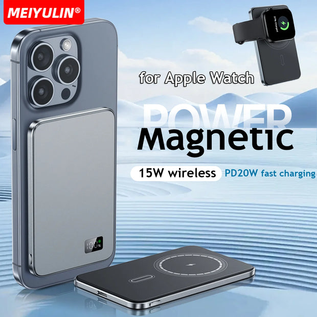 10000mAh Magnetic Power Bank For Apple Watch Wireless Fast Charger External Spare Battery Powerbank For Magsafe iPhone Xiaomi