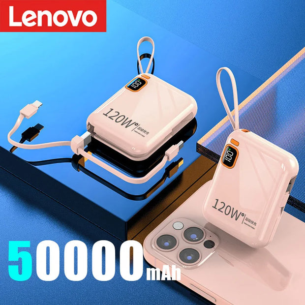 Lenovo 120W Fast Charging 50000mAh Large Capacity Portable Power Bank Cable Two-way Mini Powerbank for iPhone Samsung Huawei