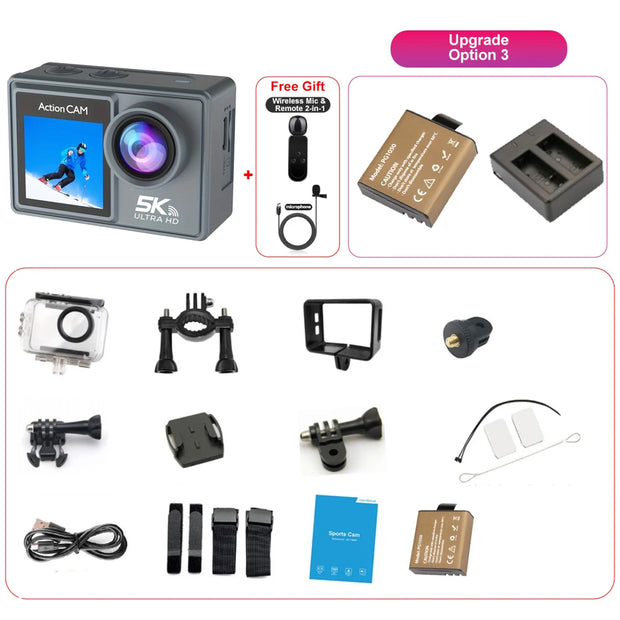 5K Action Camera 4K60FPS Dual IPS Touch LCD DVR EIS 170° 30M Waterproof 5X Zoom Sport Camera With Wireless Mic&Remote Control