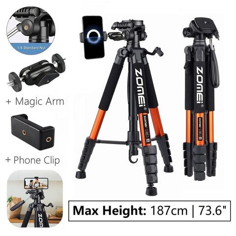 187cm/73.6in Tall Zomei Aluminum Alloy Portable Tripod for Camera DSLR Canon Nikon, 360 Degree Panorama Photography Phone Stand