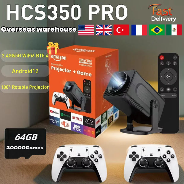 HCS350 Pro Game Consoles Projector WIFI Portable Intelligent Beamer Quad core ARM Cortex-A53 Support GB PS1 PSP NES SFC Games