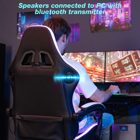 Gaming Chair Bluetooth Speaker Office Chair Ergonomic LED Lights Massage Adjustable Height Armrests Headrest Lumbar Support