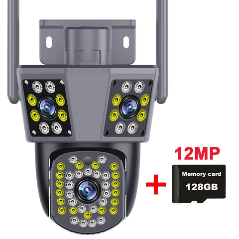 6K 12MP WiFi Surveillance Camera Outdoor Three Lens Three Screen Protection Motion Detection PTZ IP Security Survalance Camera