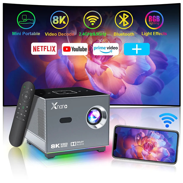 Xnano Mini Portable Projector 4K Full HD 1080P Native X3 FHD Beam 8K Video Android Projector Movie Home Theater Sound System