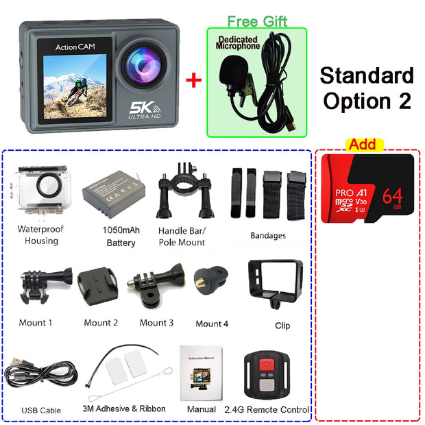 5K 4K60FPS Action Camera Dual IPS Touch LCD DVR EIS 170° 30M Waterproof 5X Zoom Sport Camera With Wireless Mic&Remote Control