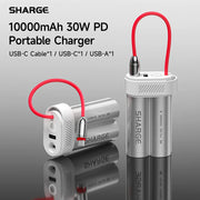 SHARGE Mini PD30W Power Bank 10000mAh Fast Charge Portable External Battery Built-in Type C Cable Battery Pack for iPhone 16/15