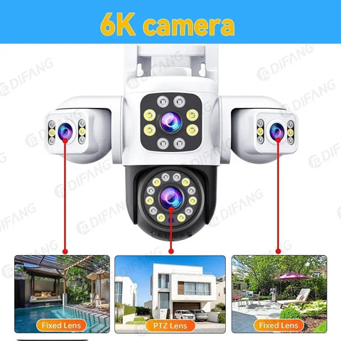 6K WiFi Camera Outdoor Three Lens Three Screen 4X Zoom CCTV Auto Track Security Surveillance Alarm 12MP External IP Cam Yoosee