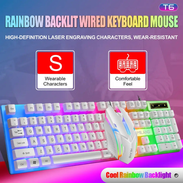 Rainbow Backlit Wired Keyboard and Mouse,Floating Keycap Strong, Wear-resistant,  Comfortable Feel Keyboard for Business Office