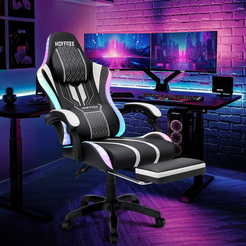 Gaming Chair Bluetooth Speaker Office Chair Ergonomic LED Lights Massage Adjustable Height Armrests Headrest Lumbar Support