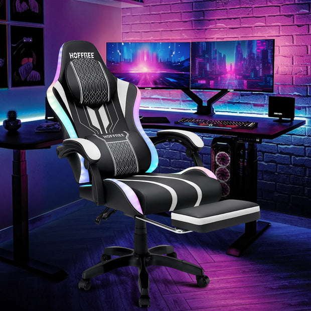 Gaming Chair Bluetooth Speaker Office Chair Ergonomic LED Lights Massage Adjustable Height Armrests Headrest Lumbar Support